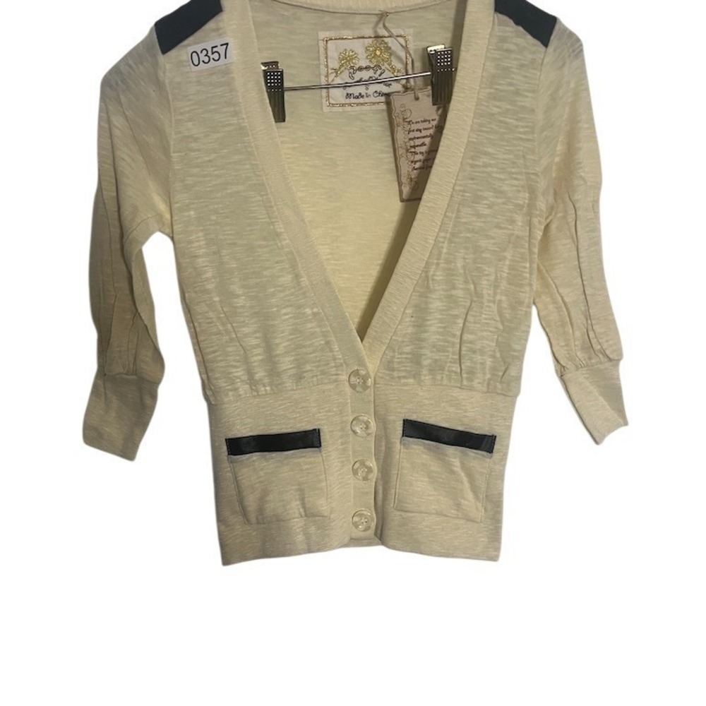 Poof Cardigan Sweater Womens Size S Ivory Button Front Pockets Black Trim